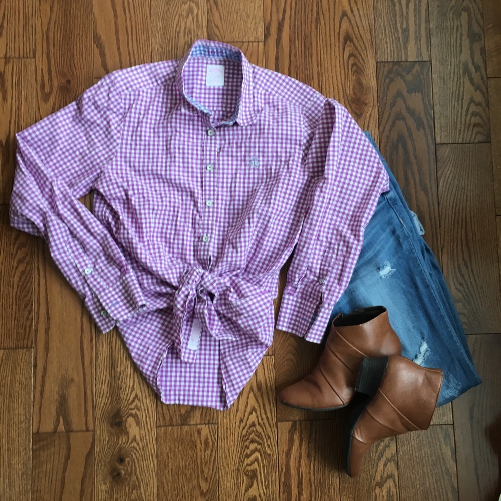 Gingham lavender button down long sleeved shirt